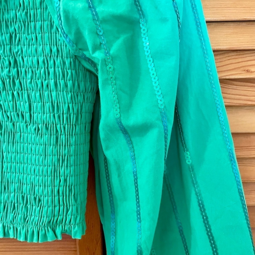 Mainstrip Sequin Smoking Crop Top, Size M, Green, Shirred Top, Long Slee… - Picture 7 of 10
